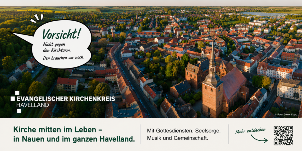 Halbseitige Anzeige "Evangelischer Kirchenkreis Havelland" in der Stadtmarketing-Broschüre der Stadt Nauen 2026